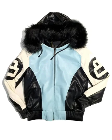 Unisex 8 Ball Black White and Blue Bomber Parka Leather Jacket