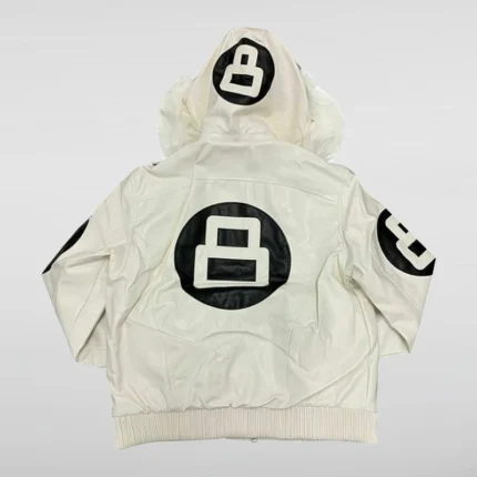 Unisex 8 Ball White Bomber Hooded Leather Jacket