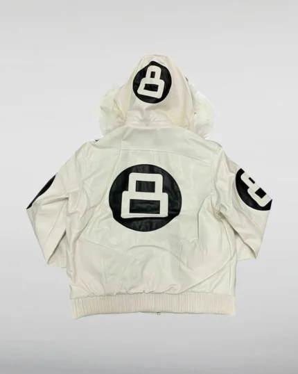 Unisex 8 Ball White Bomber Hooded Leather Jacket