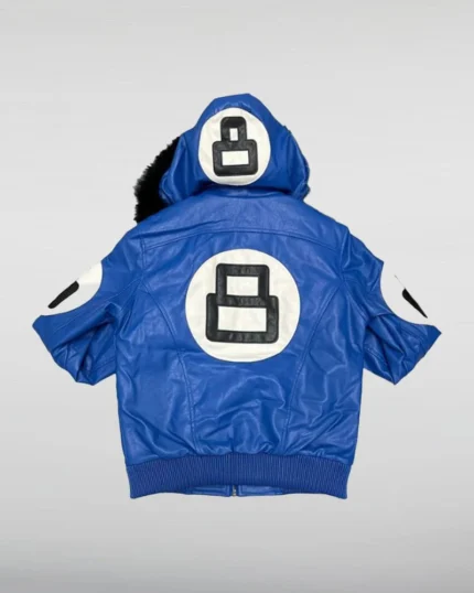 Unisex 8 Ball Blue Bomber Hooded Leather Jacket