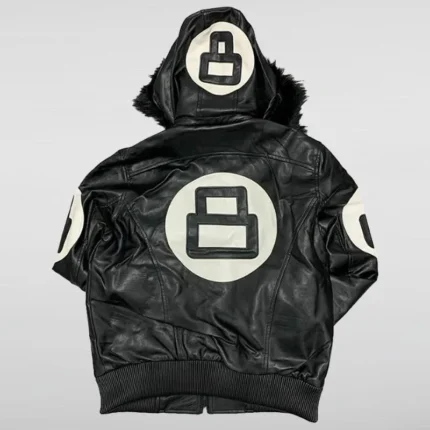 Unisex 8 Ball Black Bomber Hooded Leather Jacket