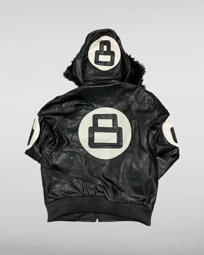 Unisex 8 Ball Black Bomber Hooded Leather Jacket