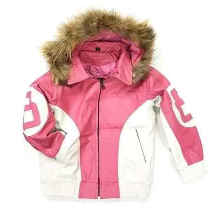 Womens 8 Ball Pink Leather Fur Hooded Jacket