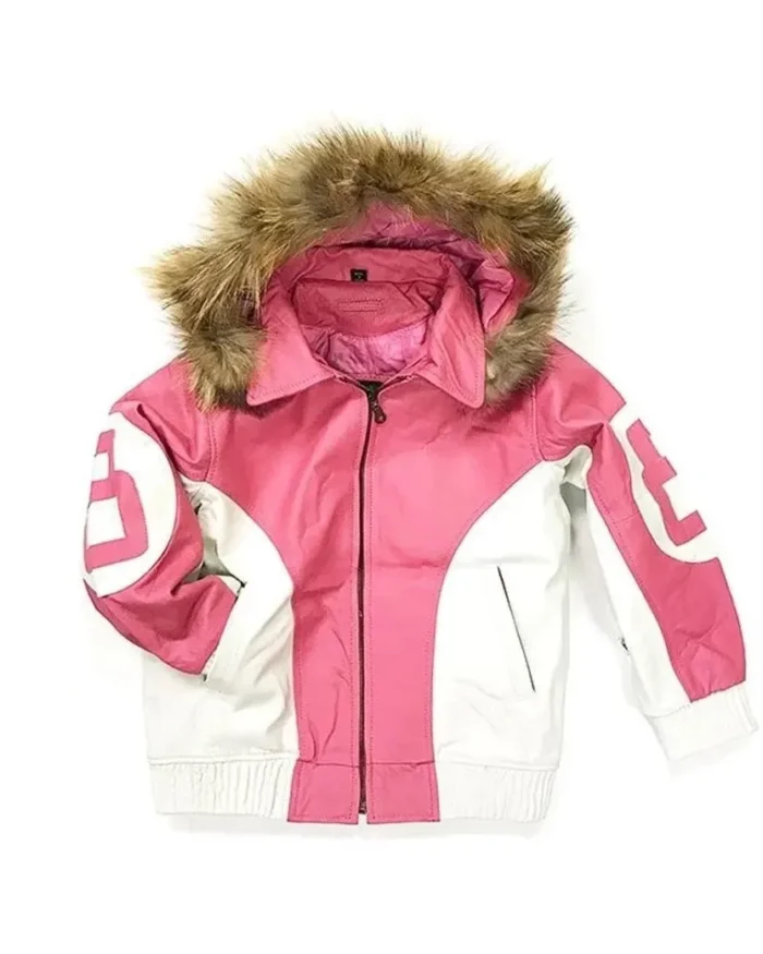 Womens 8 Ball Pink Leather Fur Hooded Jacket