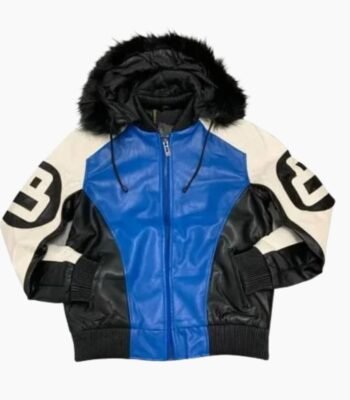 8 Ball Black White and Dark Blue Bomber Parka Leather Jacket