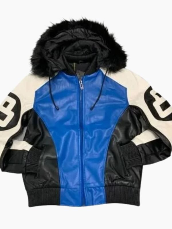8 Ball Black White and Dark Blue Bomber Parka Leather Jacket