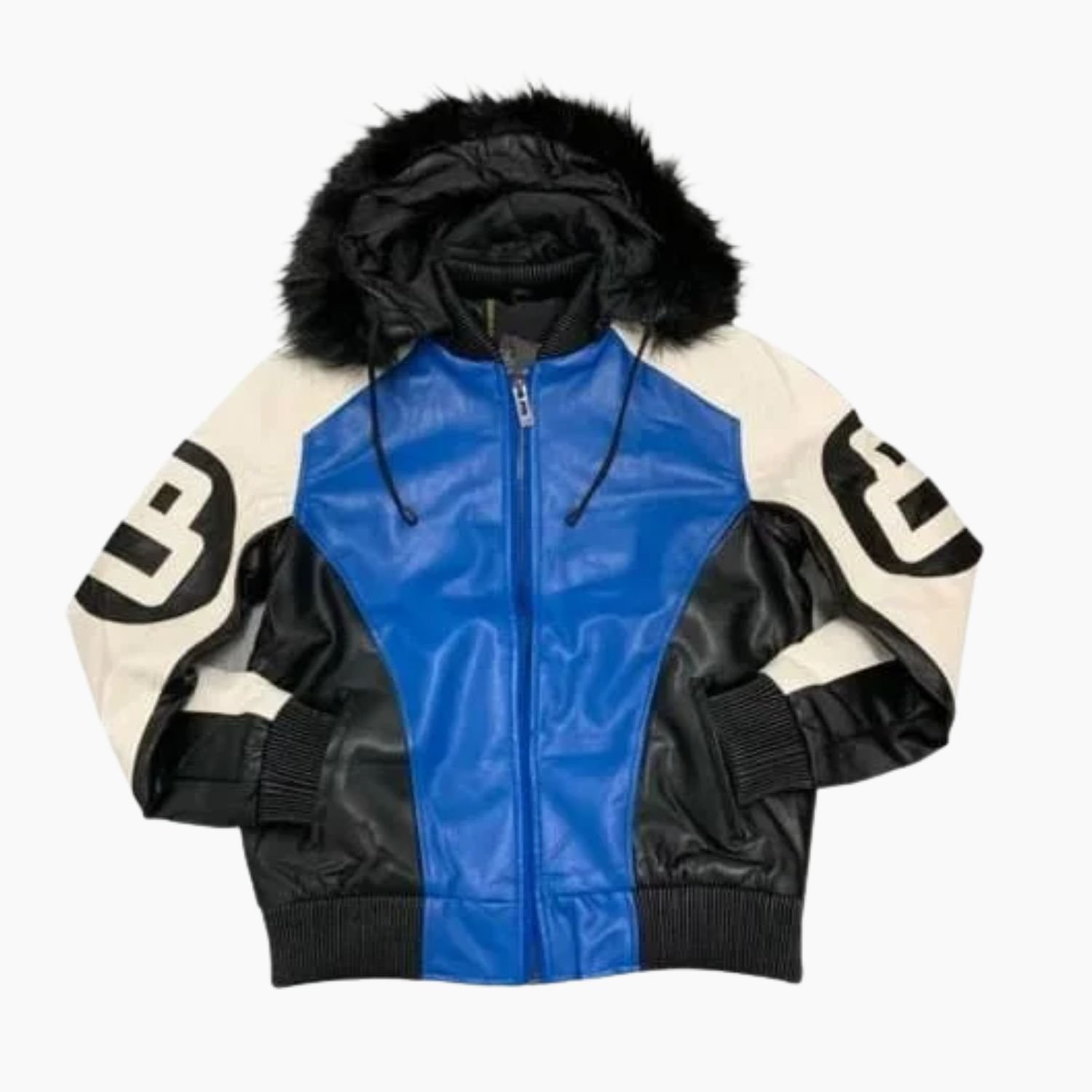 8 Ball Black White and Dark Blue Bomber Parka Leather Jacket 8 Ball Black White and Dark Blue Bomber Parka Leather Jacket