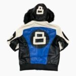 8 Ball Black White and Dark Blue Bomber Parka Leather Jacket