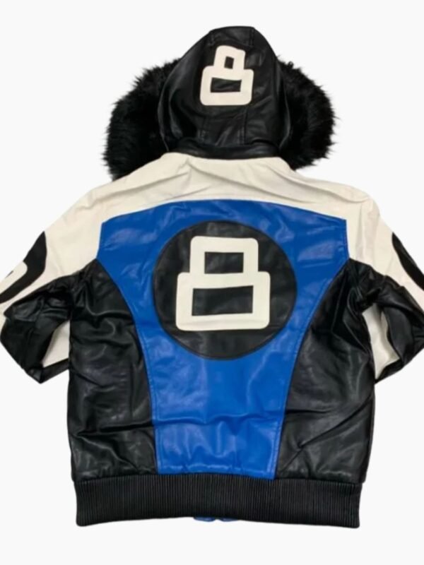8 Ball Black White and Dark Blue Bomber Parka Leather Jacket