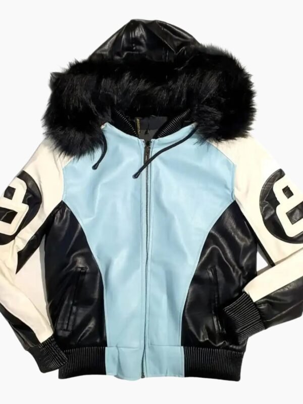 8 Ball Black White and Light Blue Bomber Parka Leather Jacket
