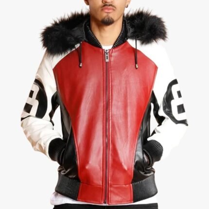 8 Ball Logo Fur Hooded Parka Leather Jacket