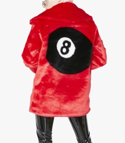 8 Ball Logo Printed Red Fur Jacket