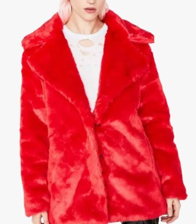8 Ball Logo Printed Red Fur Jacket