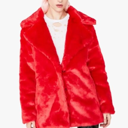 8 Ball Logo Printed Red Fur Jacket