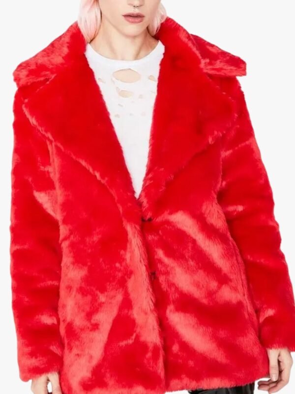 8 Ball Logo Printed Red Fur Jacket