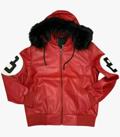 8 Ball Red Bomber Hooded Leather Jacket