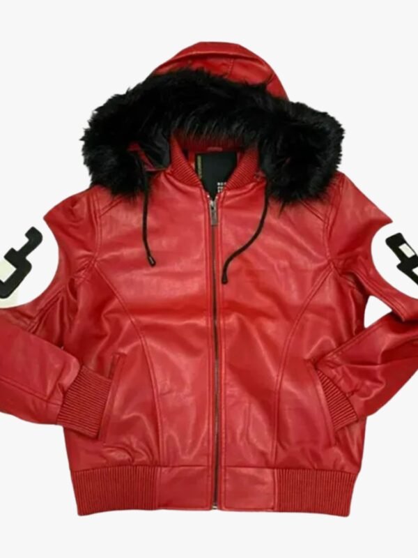 8 Ball Red Bomber Hooded Leather Jacket
