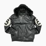 Unisex 8 Ball Black Bomber Hooded Leather Jacket