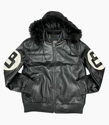 Unisex 8 Ball Black Bomber Hooded Leather Jacket
