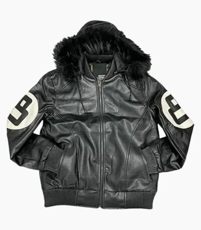 Unisex 8 Ball Black Bomber Hooded Leather Jacket