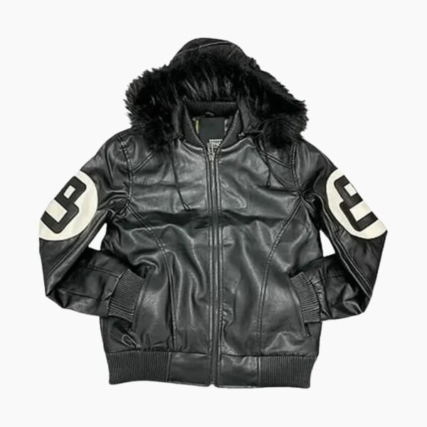 Unisex 8 Ball Black Bomber Hooded Leather Jacket