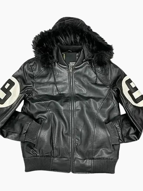 Unisex 8 Ball Black Bomber Hooded Leather Jacket