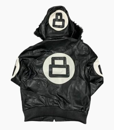 Unisex 8 Ball Black Bomber Hooded Leather Jacket