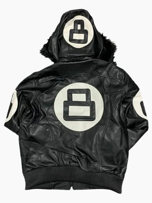 Unisex 8 Ball Black Bomber Hooded Leather Jacket