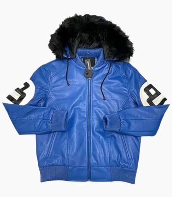 Unisex 8 Ball Blue Bomber Hooded Leather Jacket