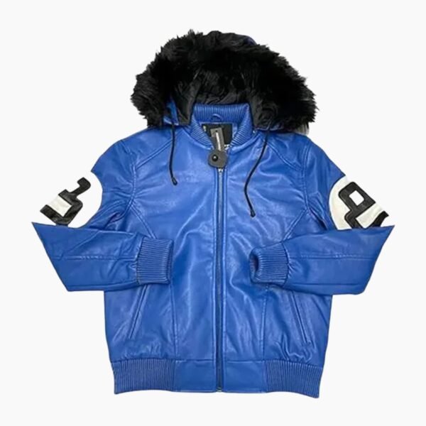 Unisex 8 Ball Blue Bomber Hooded Leather Jacket
