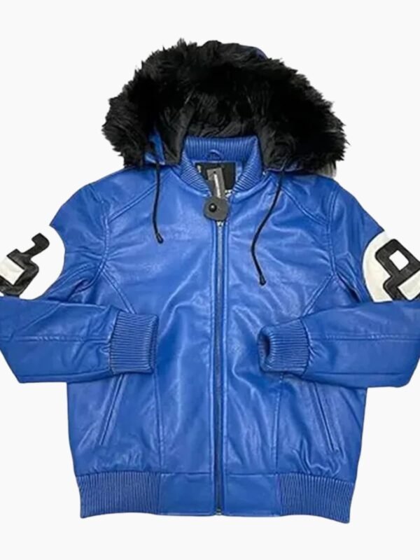 Unisex 8 Ball Blue Bomber Hooded Leather Jacket