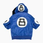 Unisex 8 Ball Blue Bomber Hooded Leather Jacket