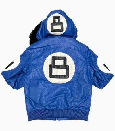 Unisex 8 Ball Blue Bomber Hooded Leather Jacket