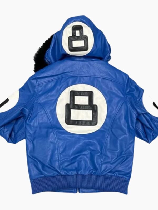 Unisex 8 Ball Blue Bomber Hooded Leather Jacket