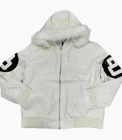 Unisex 8 Ball White Bomber Hooded Leather Jacket