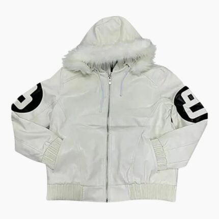 Unisex 8 Ball White Bomber Hooded Leather Jacket