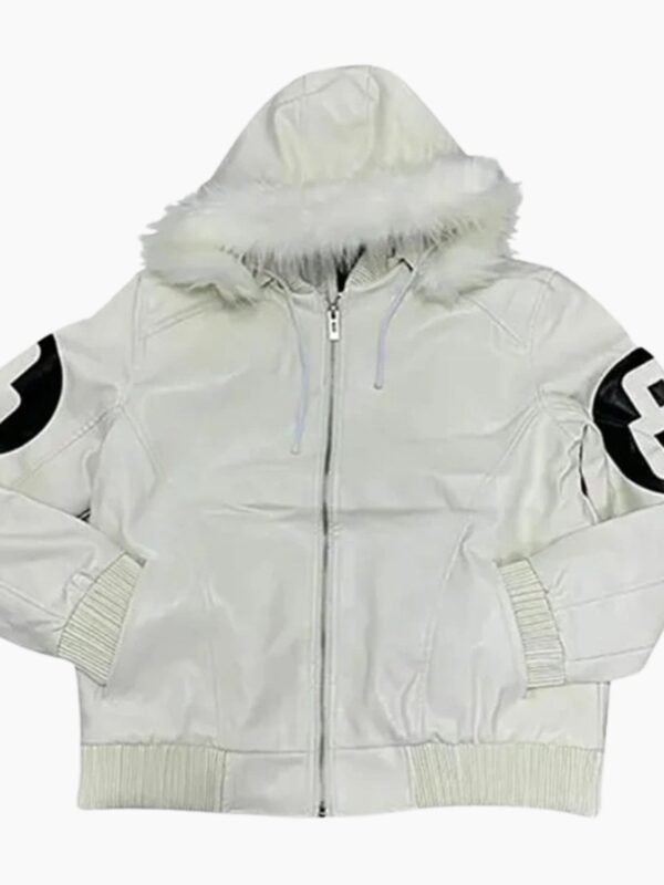 Unisex 8 Ball White Bomber Hooded Leather Jacket