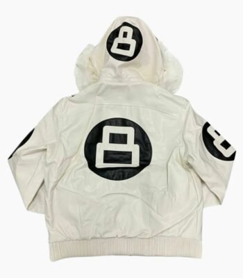 Unisex 8 Ball White Bomber Hooded Leather Jacket