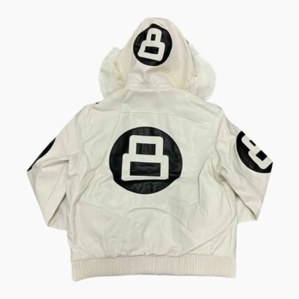 Unisex 8 Ball White Bomber Hooded Leather Jacket