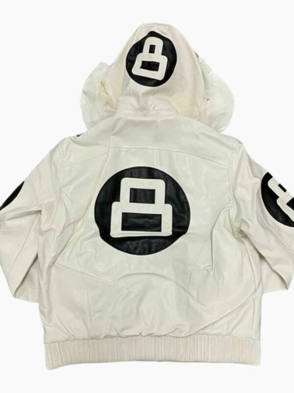 Unisex 8 Ball White Bomber Hooded Leather Jacket