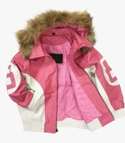 Womens 8 Ball Pink Leather Fur Hooded Jacket