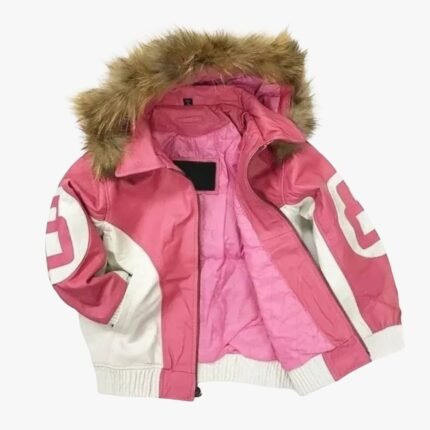 Womens 8 Ball Pink Leather Fur Hooded Jacket