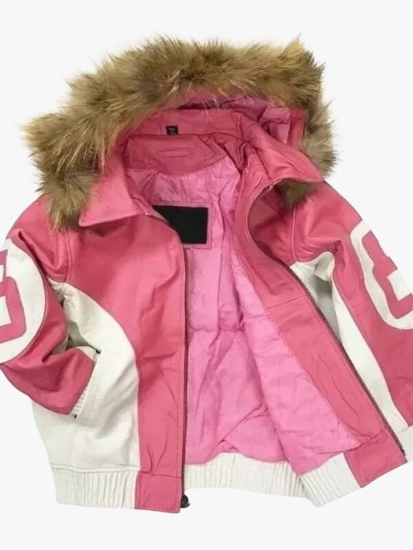 Womens 8 Ball Pink Leather Fur Hooded Jacket