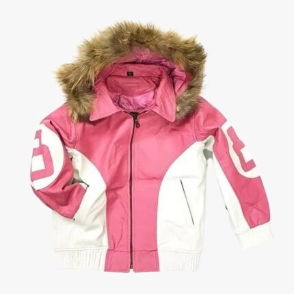 Womens 8 Ball Pink Leather Fur Hooded Jacket
