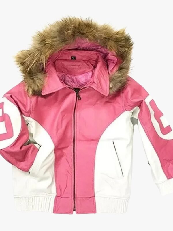 Womens 8 Ball Pink Leather Fur Hooded Jacket