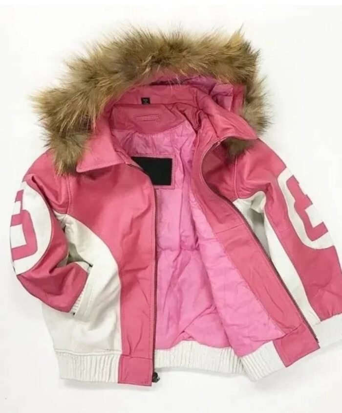 Womens 8 Ball Pink Leather Fur Hooded Jacket