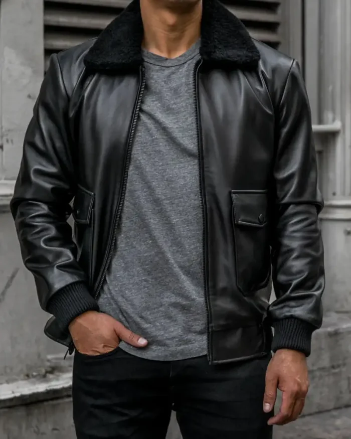 Men Casual Black Leather Flight Jacket