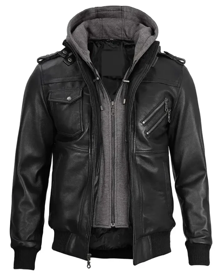 Men’s Ferndale Black Leather Bomber Jacket with Hood