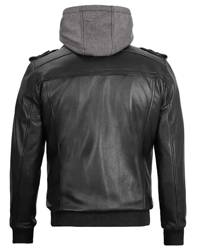 Men’s Ferndale Black Leather Bomber Jacket with Hood