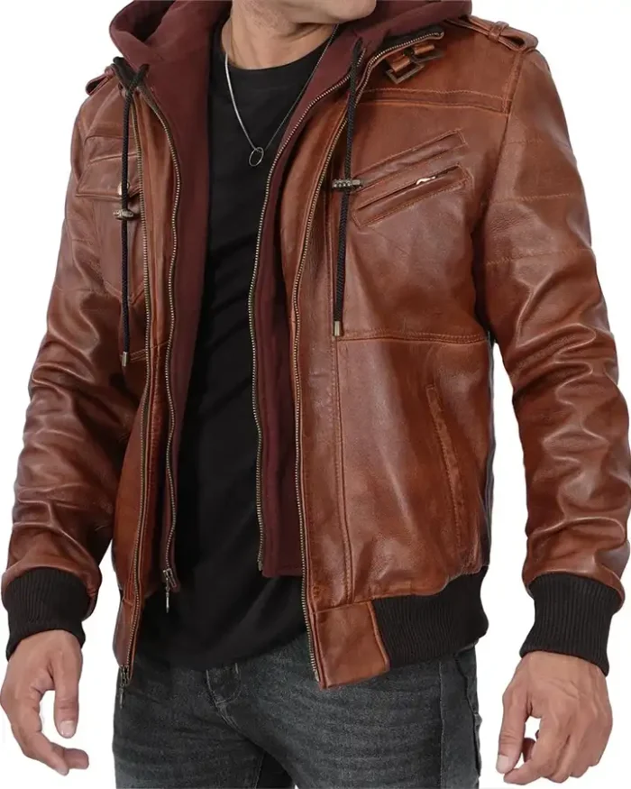 Mens and Womens Biker Bomber Brown Leather Hooded Jacket